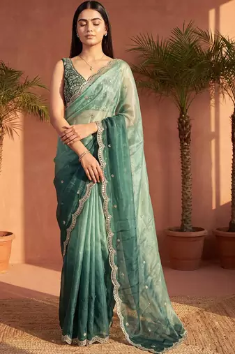 Teal ombre embroidered tissue ]saree