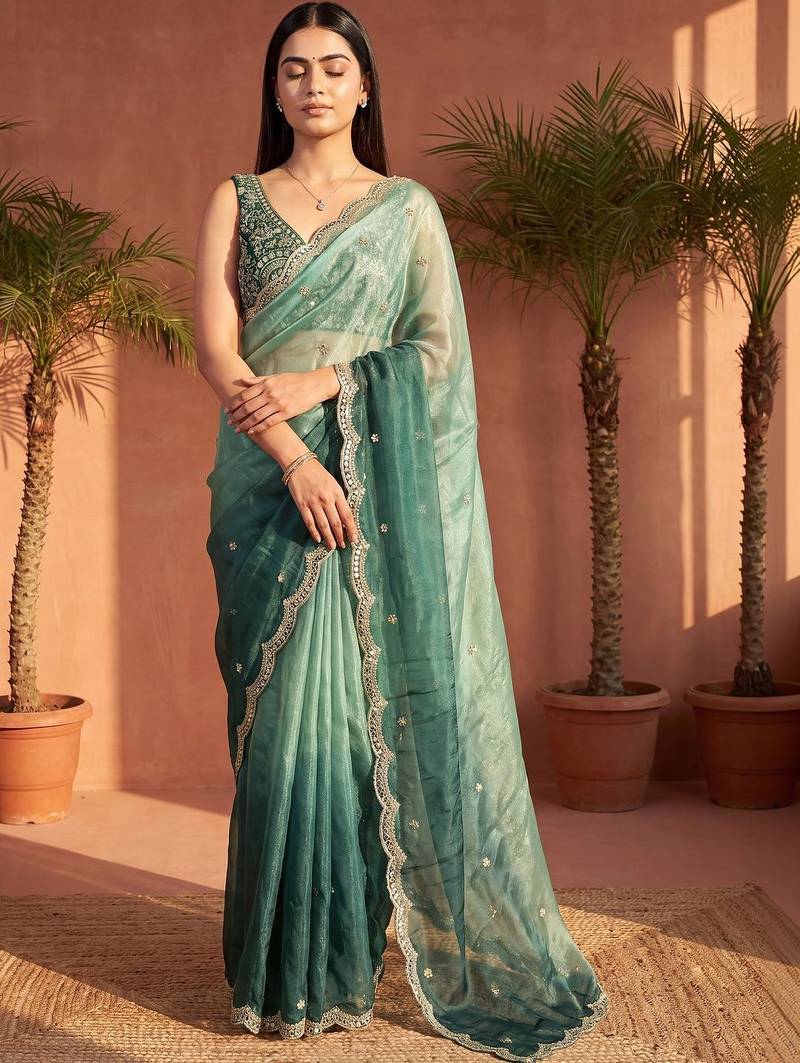 Teal ombre embroidered tissue ]saree