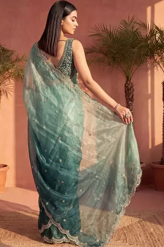 Teal ombre embroidered tissue ]saree
