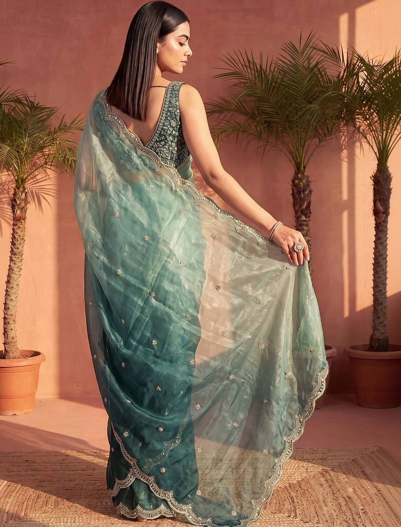 Teal ombre embroidered tissue ]saree