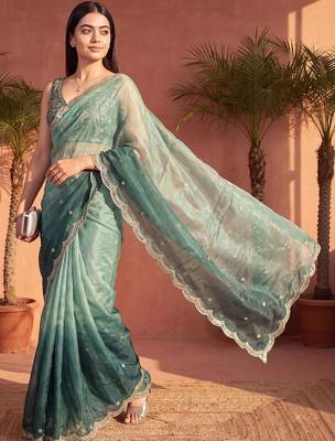 Teal ombre embroidered tissue ]saree 4