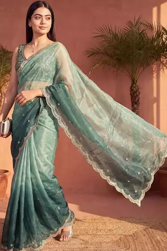 Teal ombre embroidered tissue ]saree