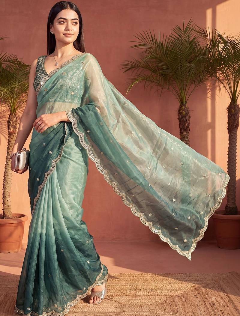 Teal ombre embroidered tissue ]saree