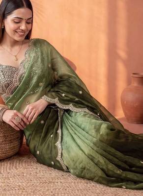 Green ombre mirror work tissue saree 1