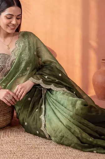Green ombre mirror work tissue saree