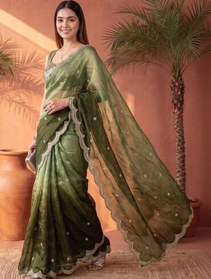 Green ombre mirror work tissue saree 2