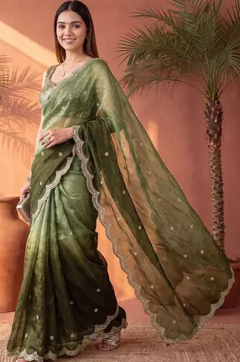 Green ombre mirror work tissue saree