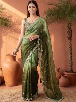 Green ombre mirror work tissue saree 3