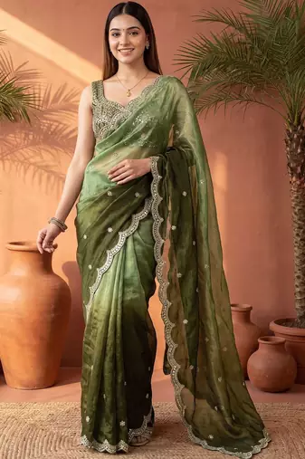 Green ombre mirror work tissue saree