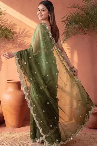 Green ombre mirror work tissue saree