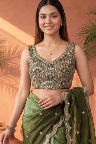 Green ombre mirror work tissue saree