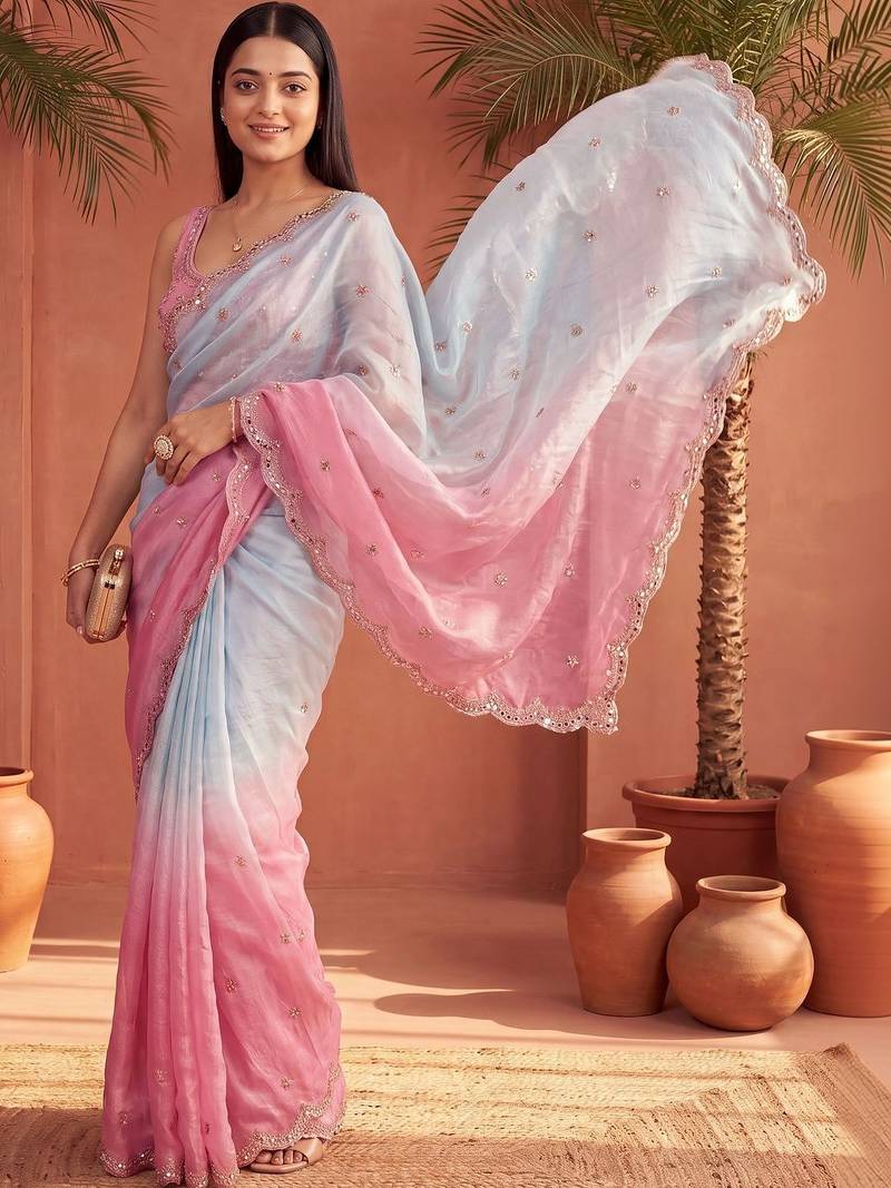Blue ombre mirror work tissue saree