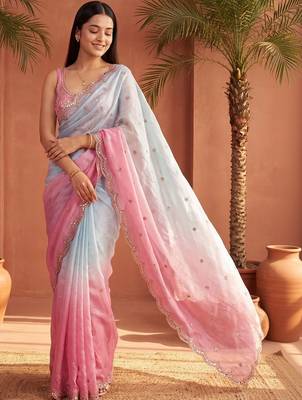 Blue ombre mirror work tissue saree 2