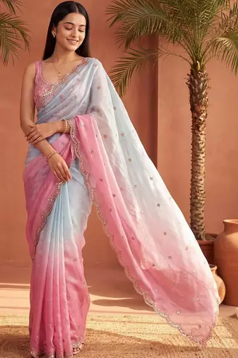 Blue ombre mirror work tissue saree