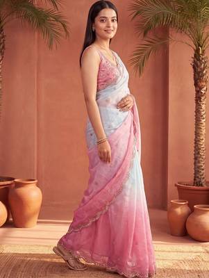 Blue ombre mirror work tissue saree 3