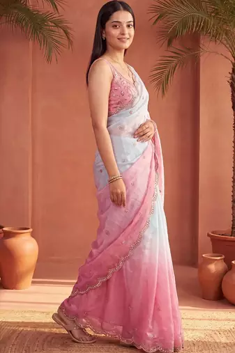 Blue ombre mirror work tissue saree