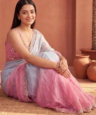 Blue ombre mirror work tissue saree 4