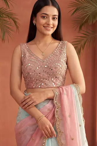 Blue ombre mirror work tissue saree