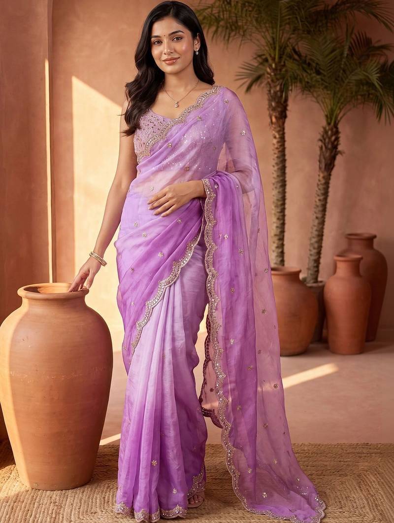 Lavender ombre mirror work tissue saree