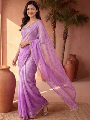 Lavender ombre mirror work tissue saree 2