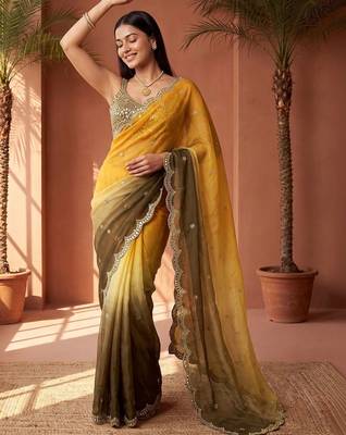 Yellow women ombre embroidered tissue saree 1