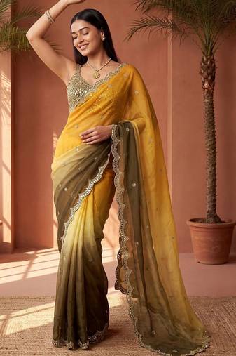 Yellow women ombre embroidered tissue saree