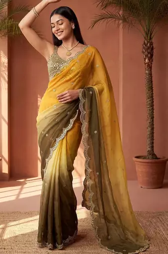 Yellow women ombre embroidered tissue saree