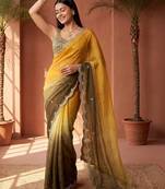 Yellow women ombre embroidered tissue saree