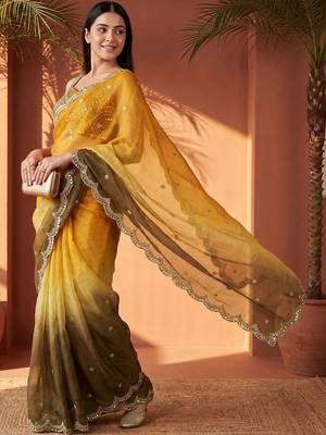 Yellow women ombre embroidered tissue saree 2