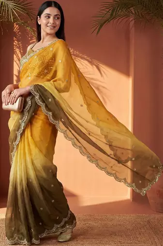 Yellow women ombre embroidered tissue saree