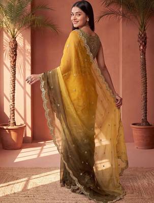 Yellow women ombre embroidered tissue saree 3