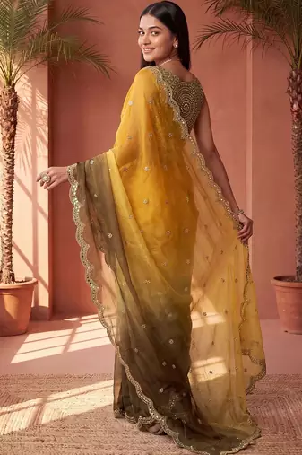 Yellow women ombre embroidered tissue saree
