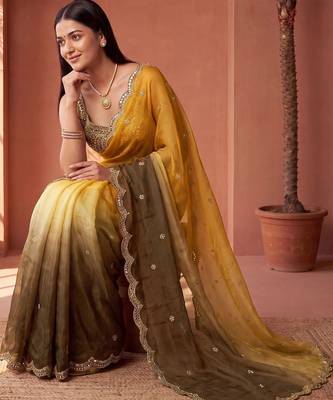 Yellow women ombre embroidered tissue saree 4