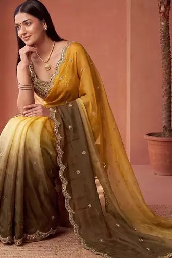 Yellow women ombre embroidered tissue saree