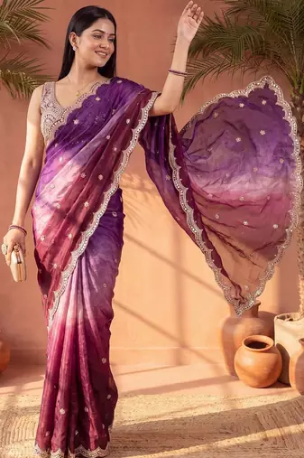Magenta ombre mirror work tissue designer saree