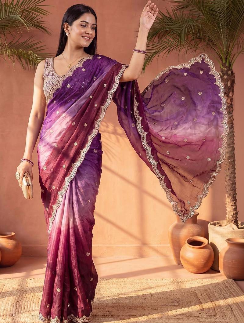 Magenta ombre mirror work tissue designer saree