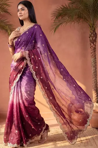 Magenta ombre mirror work tissue designer saree