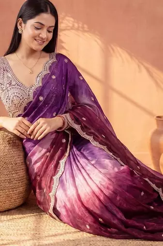 Magenta ombre mirror work tissue designer saree