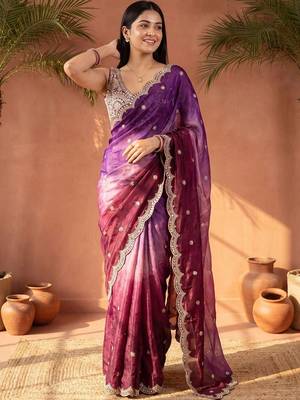 Magenta ombre mirror work tissue designer saree 4