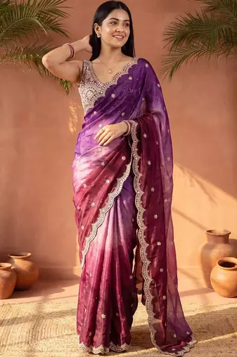 Magenta ombre mirror work tissue designer saree