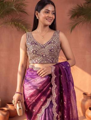 Magenta ombre mirror work tissue designer saree 5