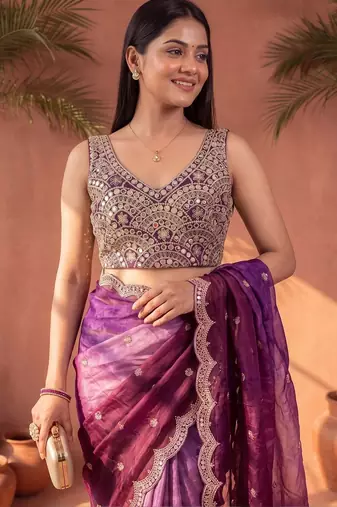 Magenta ombre mirror work tissue designer saree