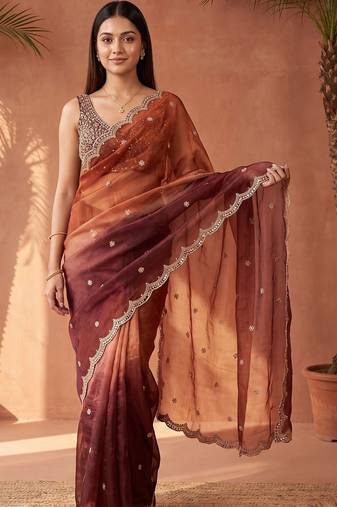Multicolor women ombre mirror work tissue saree