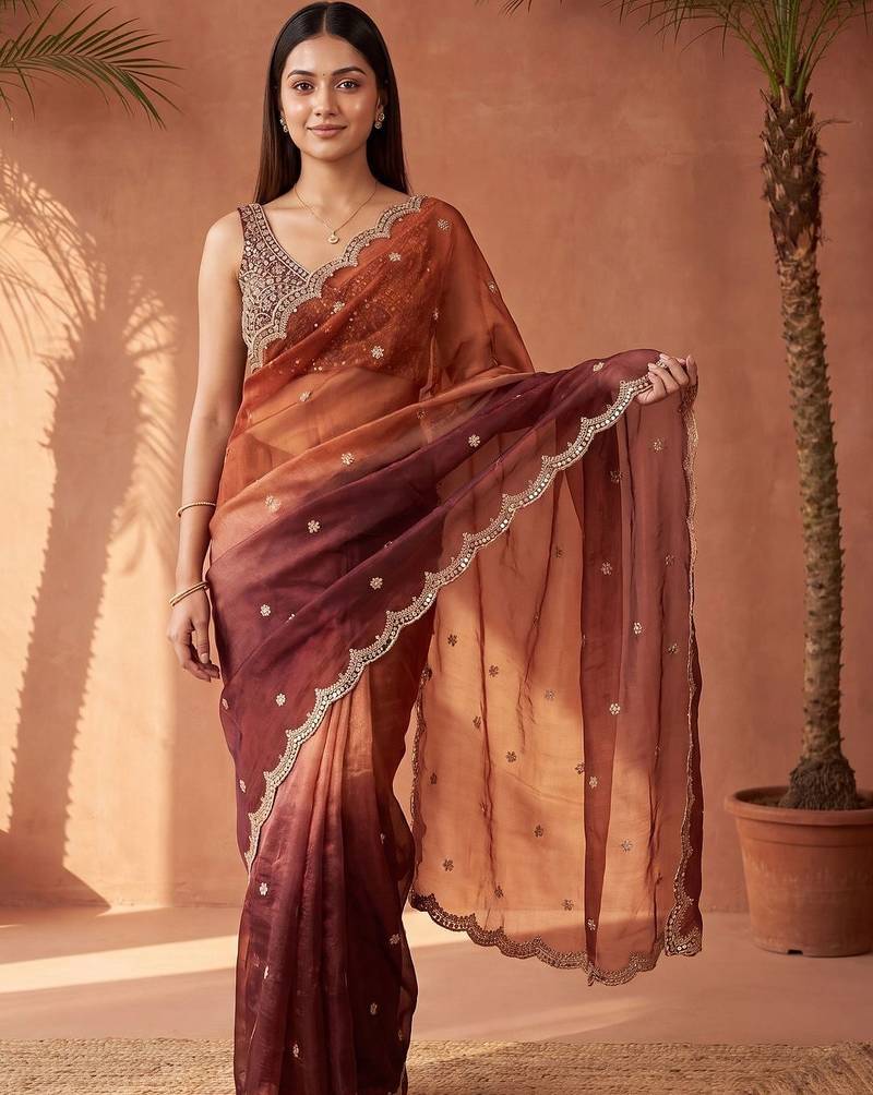 Multicolor women ombre mirror work tissue saree