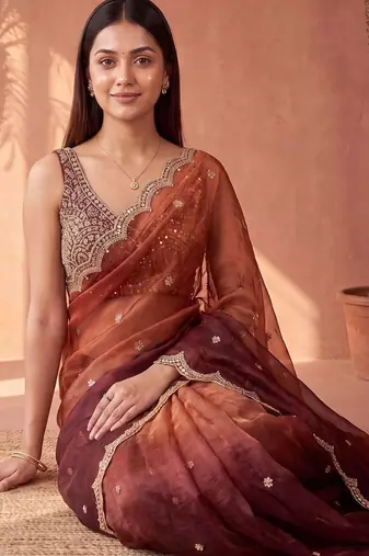 Multicolor women ombre mirror work tissue saree