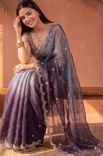 Purple ombre mirror work tissue saree