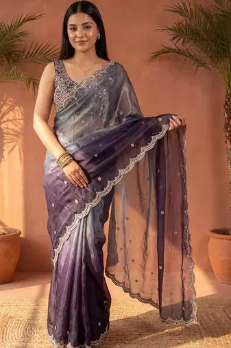 Purple ombre mirror work tissue saree