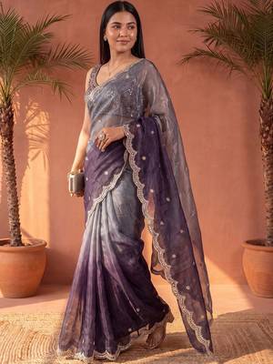 Purple ombre mirror work tissue saree 3