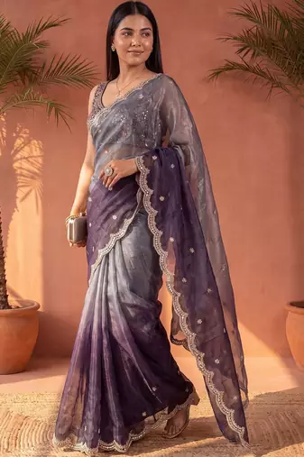Purple ombre mirror work tissue saree