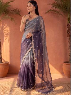 Purple ombre mirror work tissue saree 4